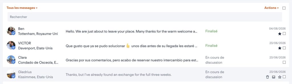 Capture de mes discussions sur la messagerie de HomeExchange