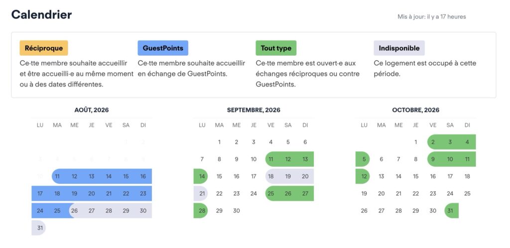 Exemple d'un calendrier des disponibilités d'une maison sur HomeExchange